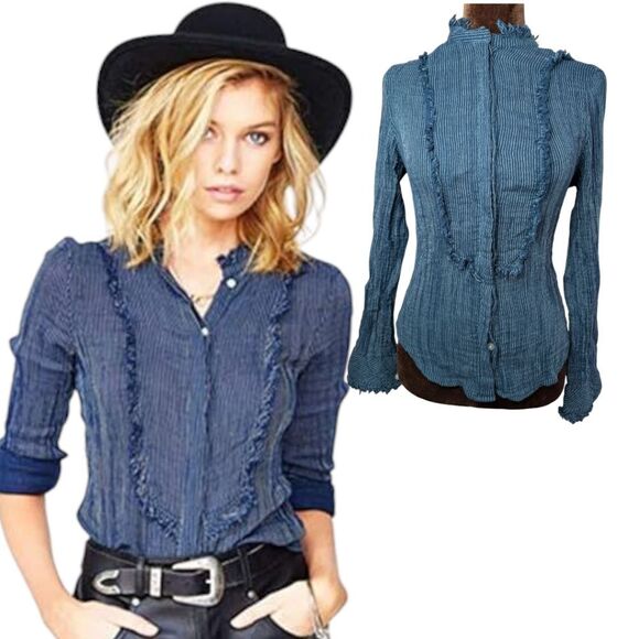 Rocco Barocco Navy Pinstripe Blue Raw Hem Bib Shirt Size Xs - Picture 1 of 15